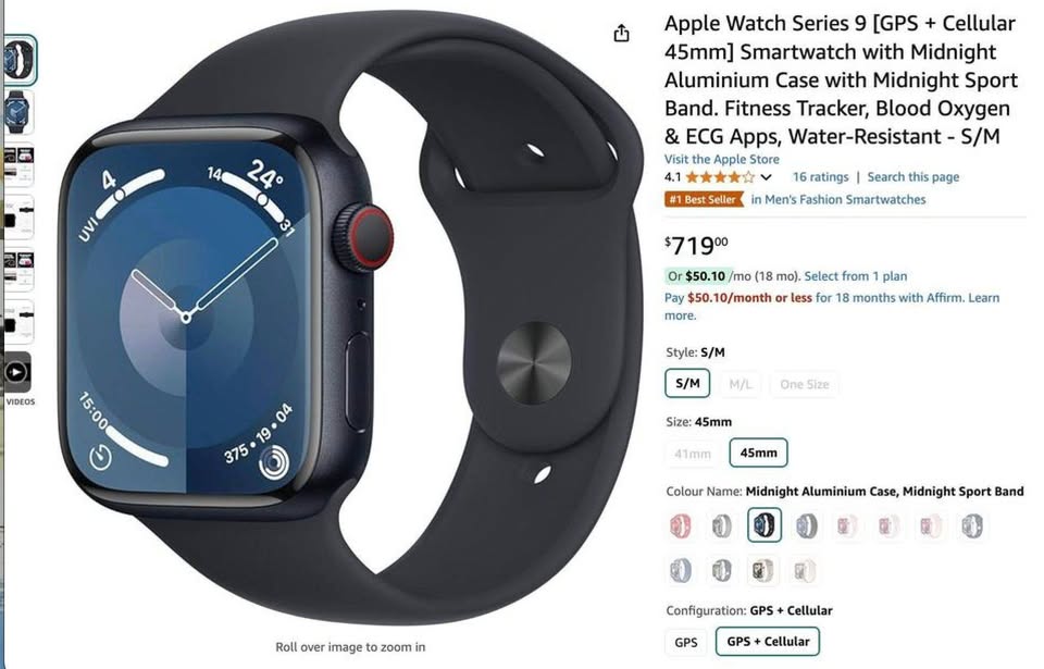 Apple Watch Series 9 (GPS + Cellular) 45mm Midnight / 100% Battery