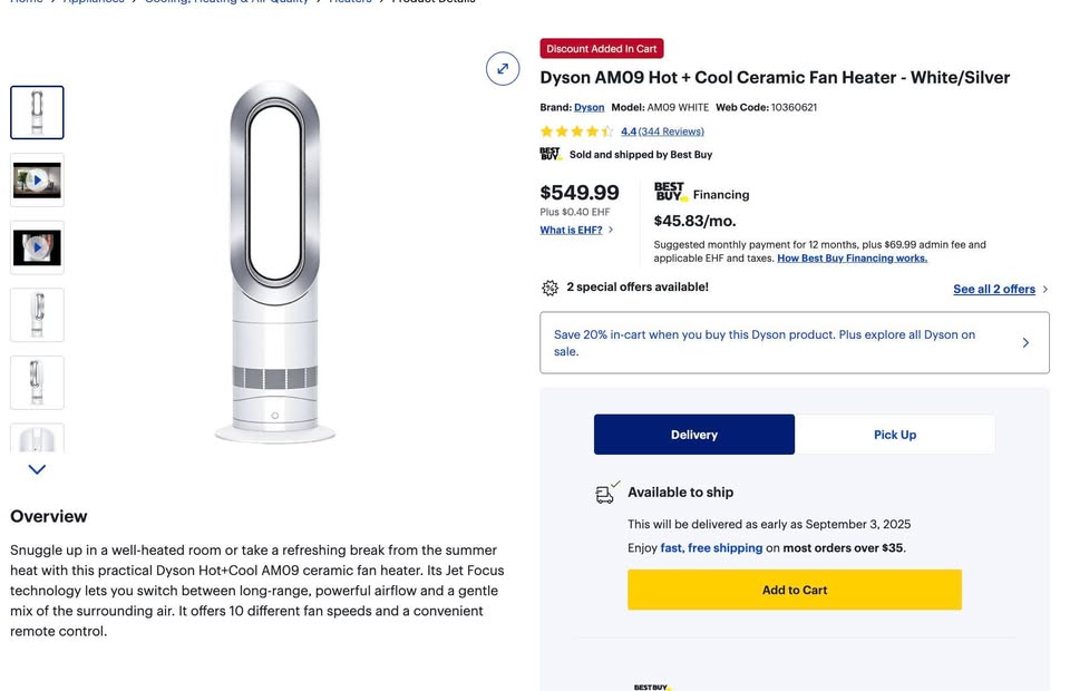 Dyson AM09 Hot + Cool Ceramic Fan Heater - White/Silver
