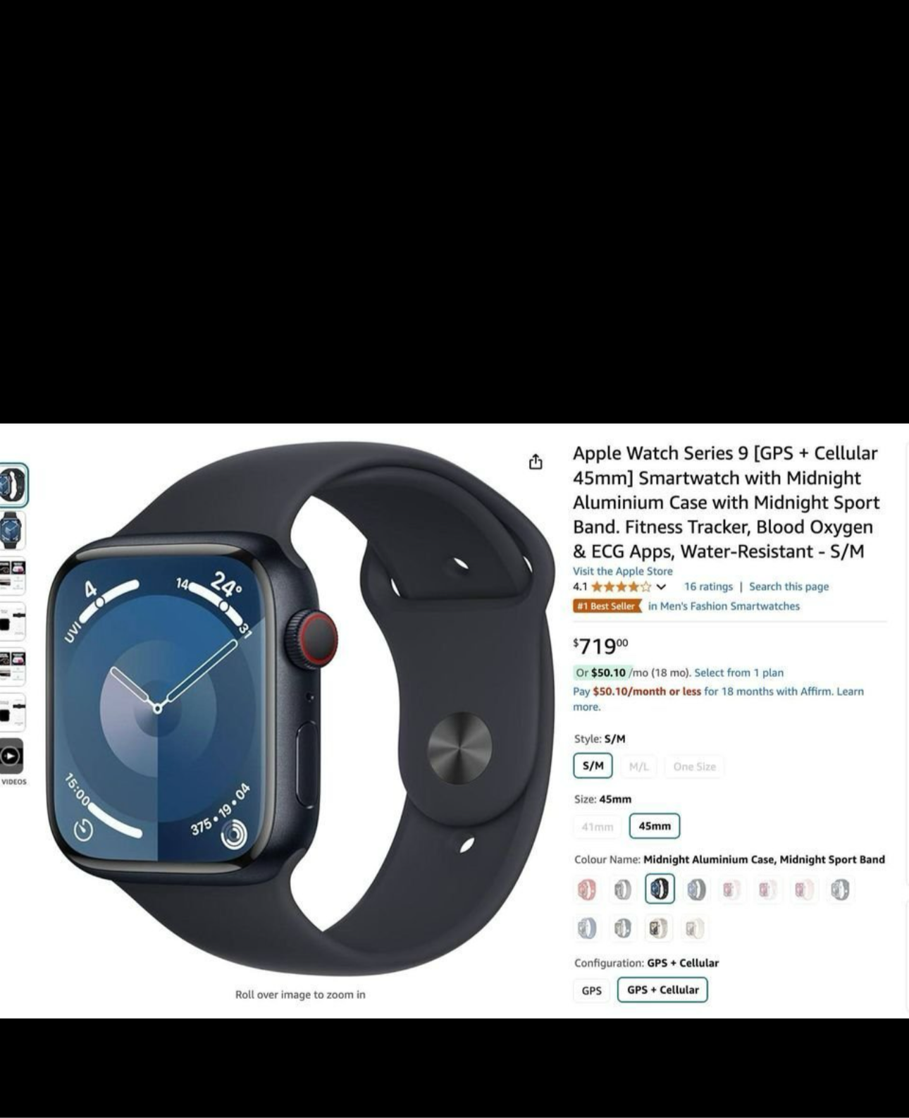 Apple Watch Series 9 (GPS + Cellular) 45mm Midnight + Charger
