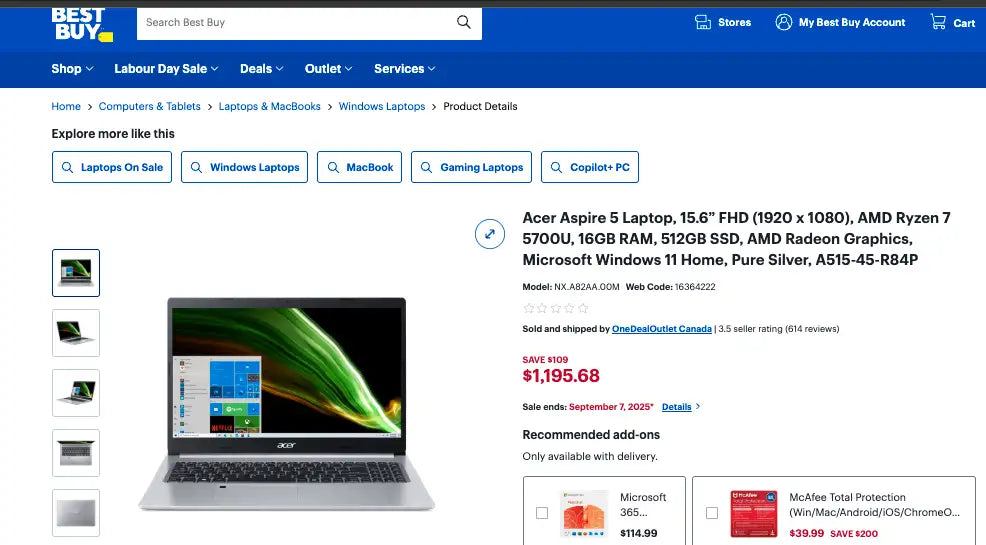 Acer Aspire 5 15.6" Laptop AMD Ryzen 7 - 8 CORE 16GB RAM, 512GB SSD - Win 11