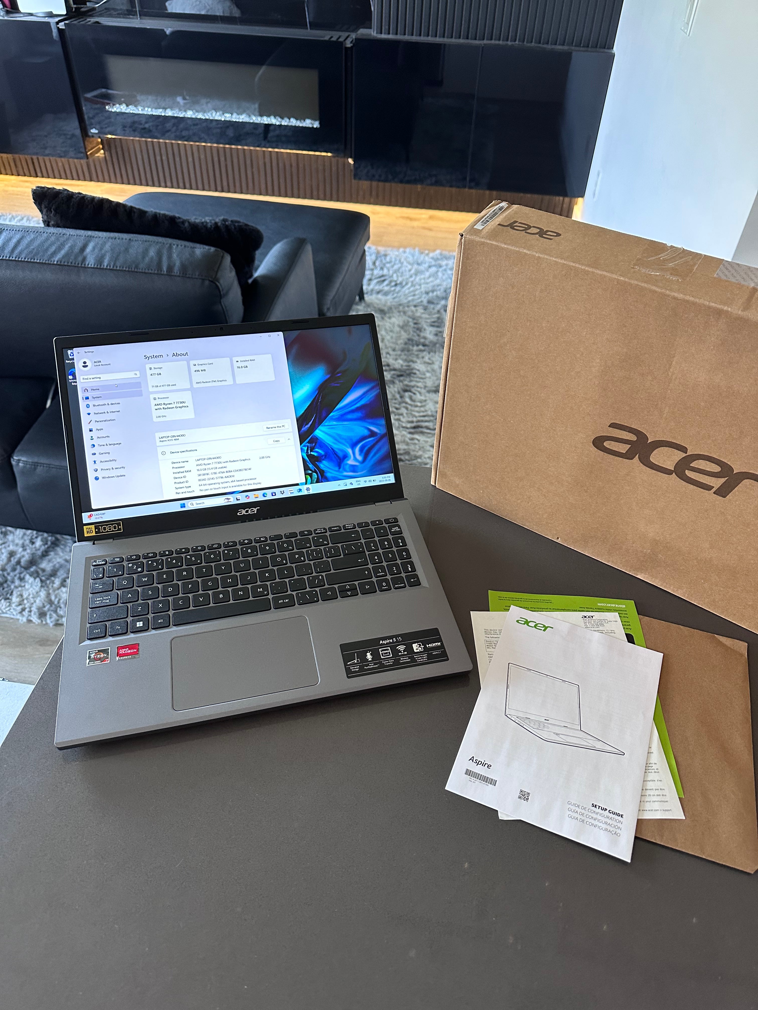 Acer Aspire 5 15.6" Laptop AMD Ryzen 7 - 8 CORE 16GB RAM, 512GB SSD - Win 11