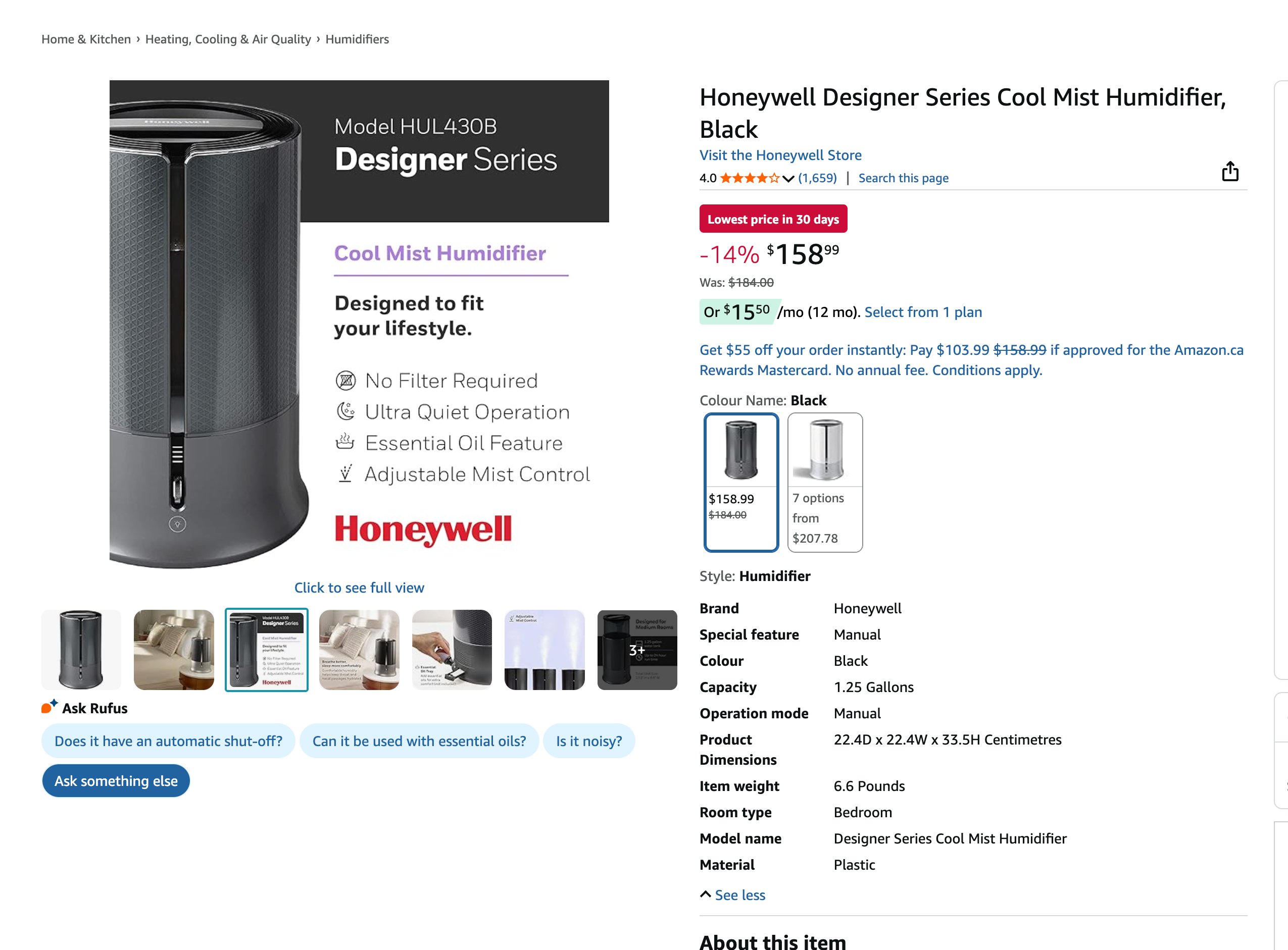 Honeywell HUL430BC Designer Series Cool Mist Ultrasonic Humidifier - Black