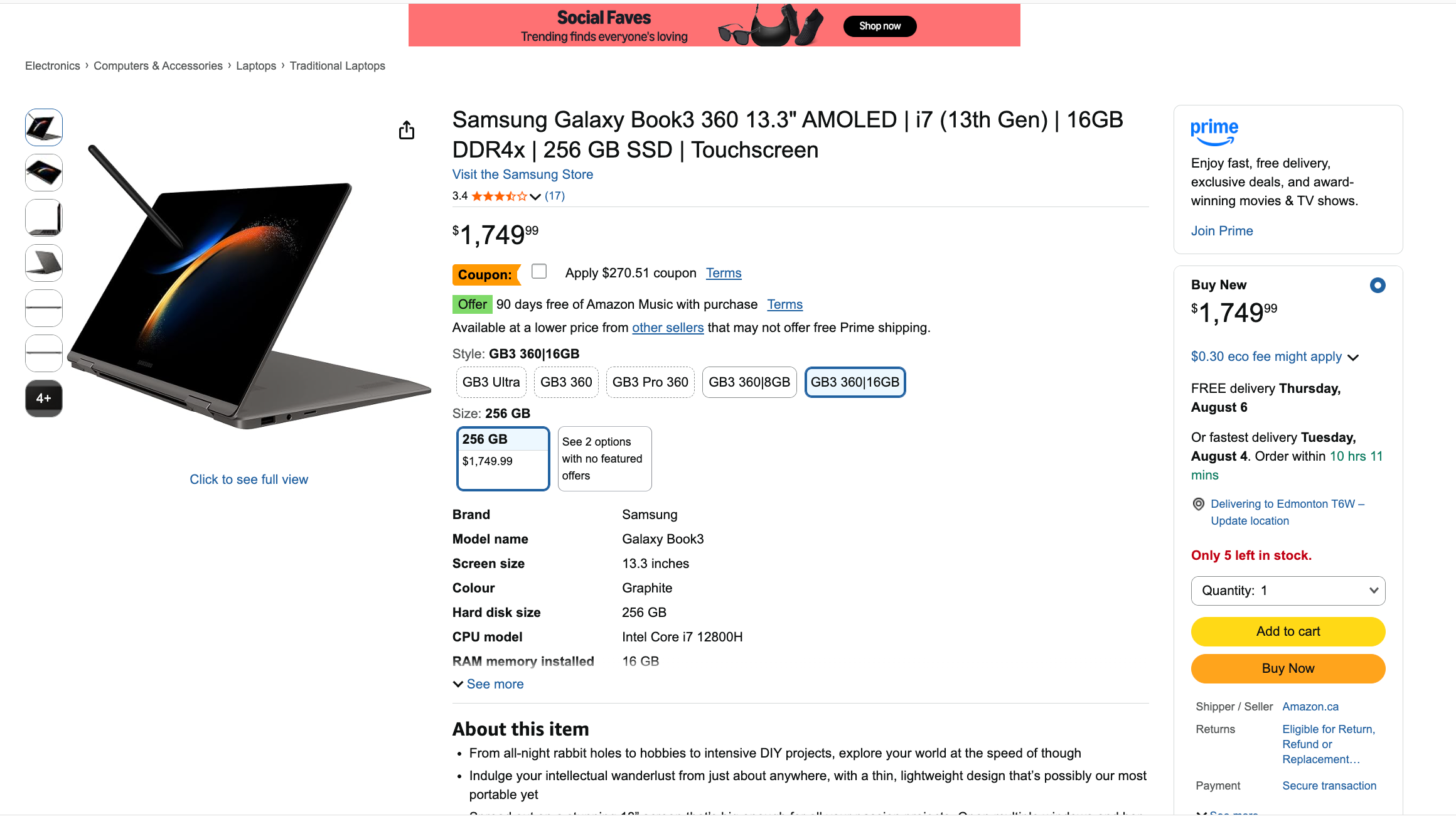 Samsung Galaxy Book3 360 13.3" AMOLED | i7 (13th Gen) | 16GB DDR4x | 256 GB SSD | Touchscreen