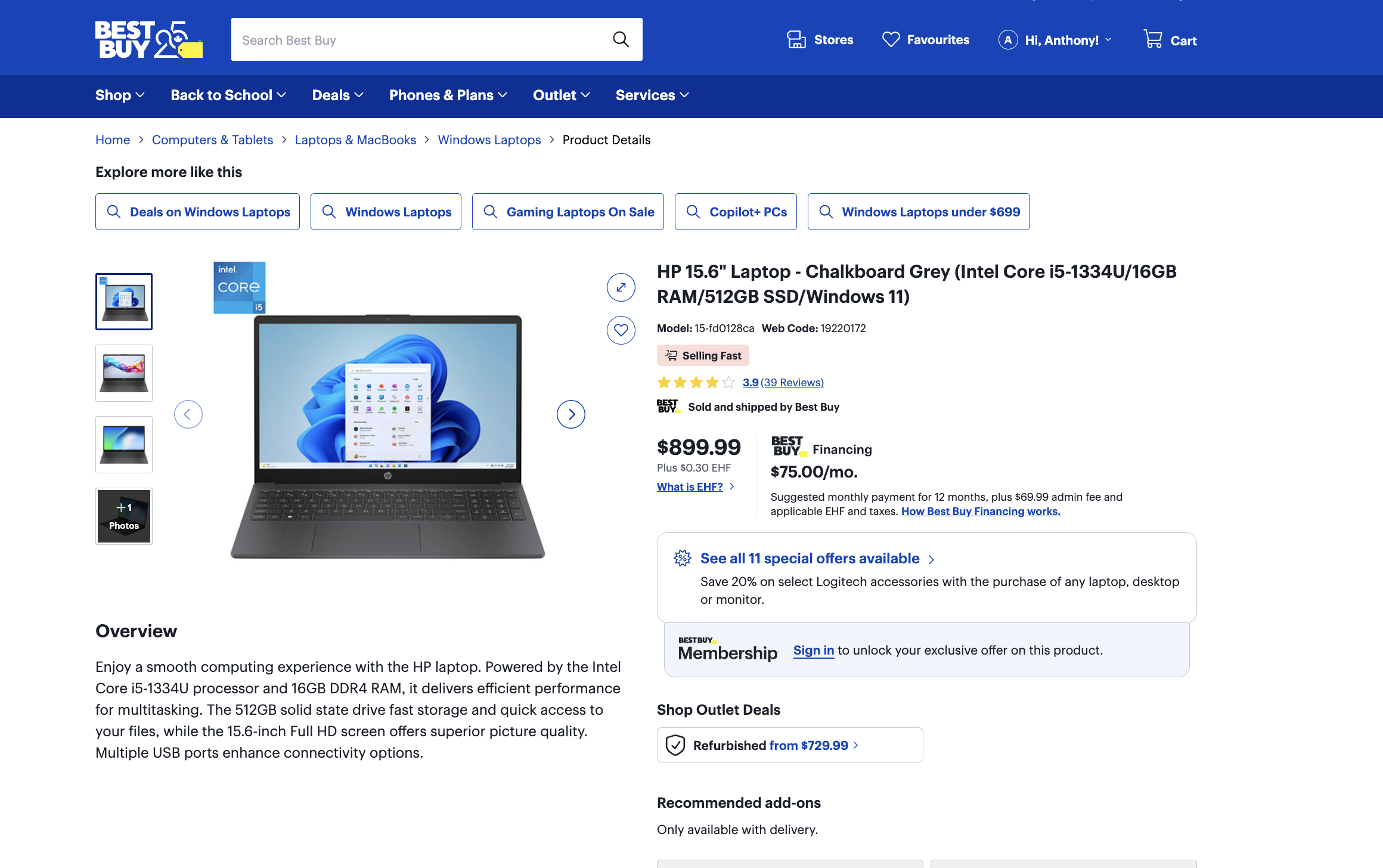 2025 HP 15-fd0128ca 15.6" FHD Laptop | Intel Core i5 (13th Gen) | 16GB RAM | 512GB SSD | Windows 11